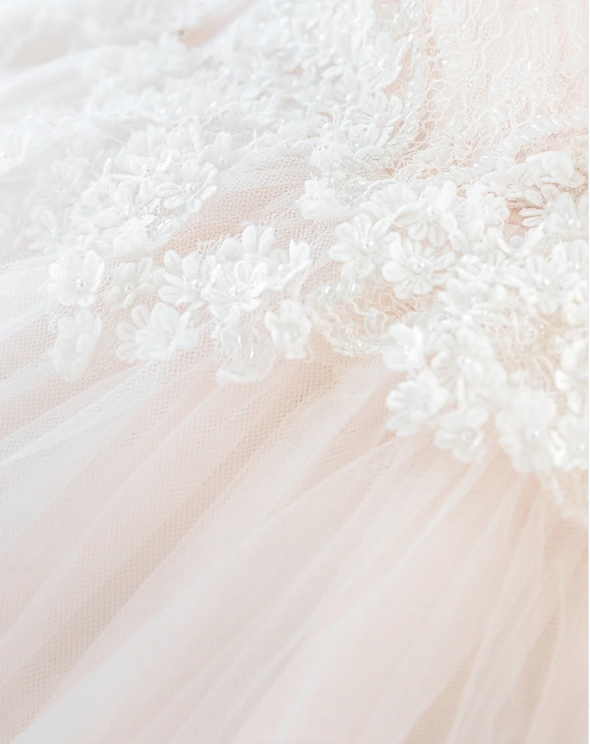 Cute Barbie light pink lace tulle waist bow A-line wedding dress P2896