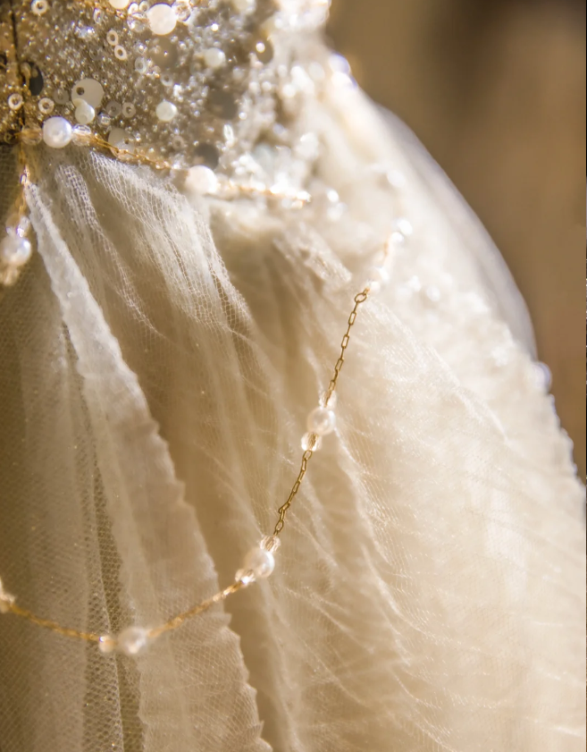 Gold Glitter Strapless Sequined A-Line Tulle Floor-Length Wedding Dress P2898