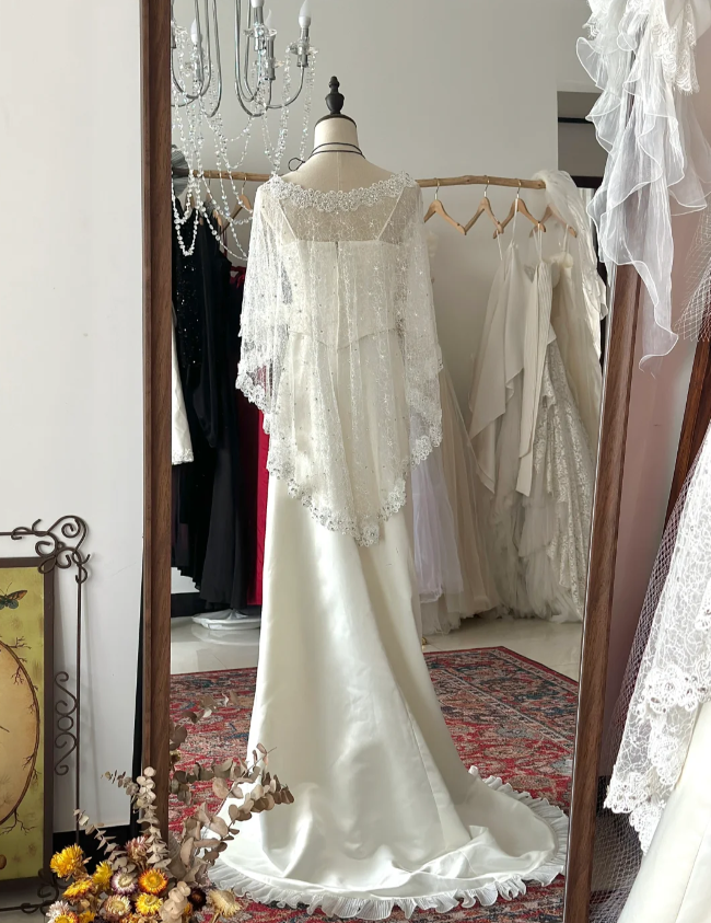 Vintage zipper sling beaded wave organza high slit small train satin wedding dress P2910