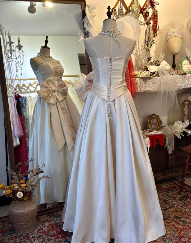 French style elegant sweetheart neckline pink waist bow tie floor-length satin wedding dress P2931