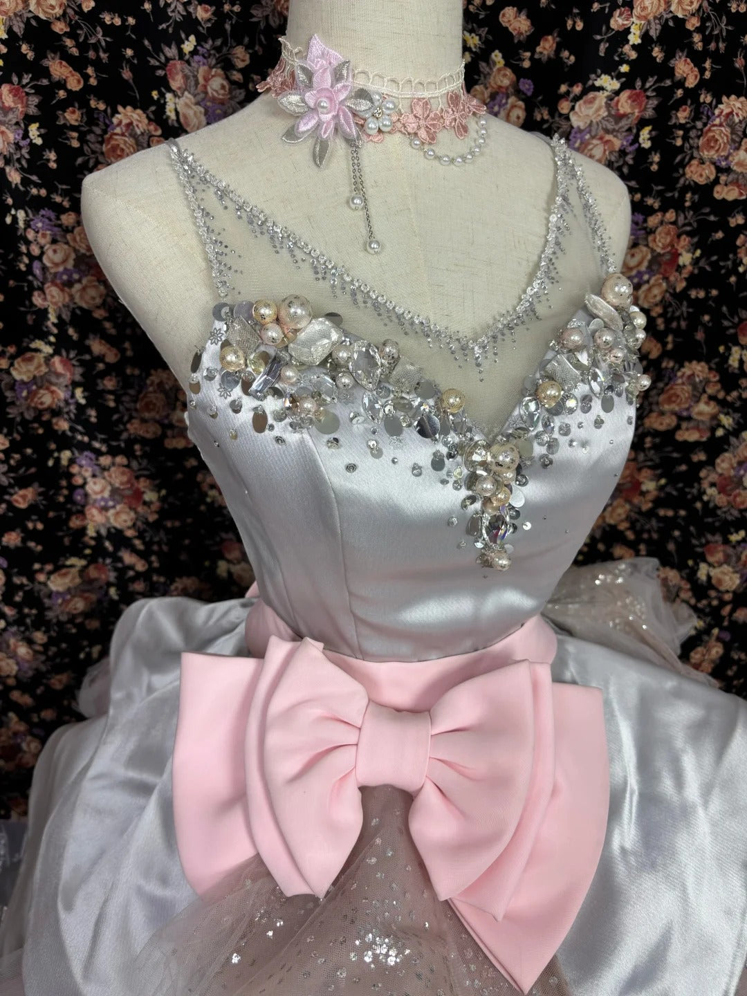 Dusty Pink Princess Bow 3D Flower Satin Wedding Dress P2977