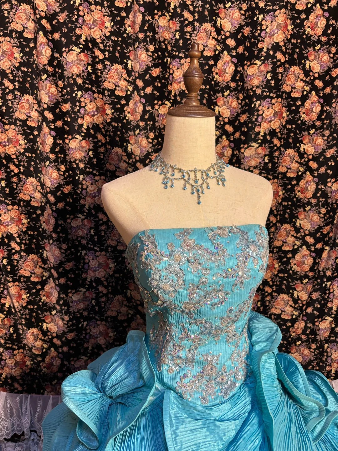 Dreamy Blue Strapless Accordion Pleated Skirt Beaded Train Wedding Dress P3011