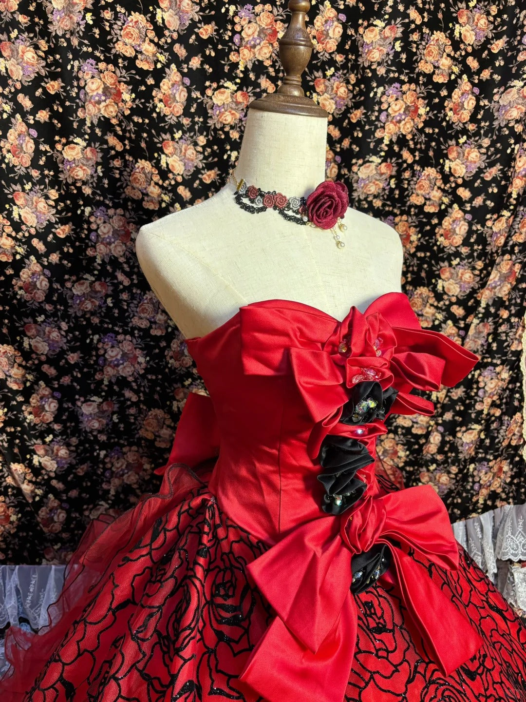 Gorgeous red tube top black pattern 3D flower wedding dress P3041