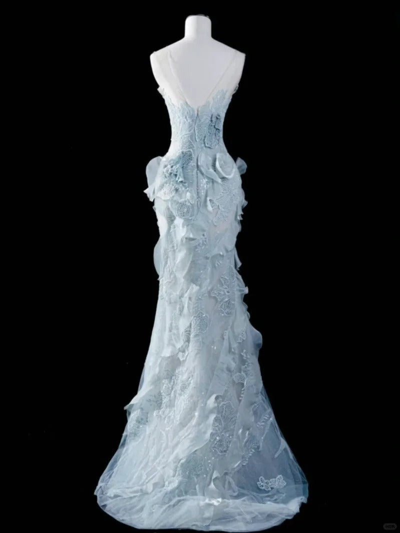 Elegant and dreamy light blue tube top lace flower mermaid wedding dress P3055