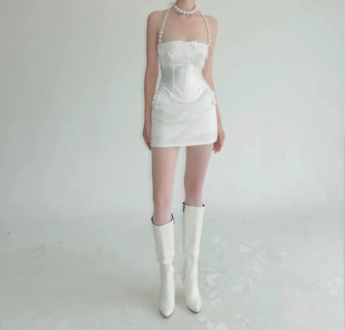 Heavy Industry Bow Pearl Fishbone Halter Neck White Birthday Party Homecoming Dress P3122