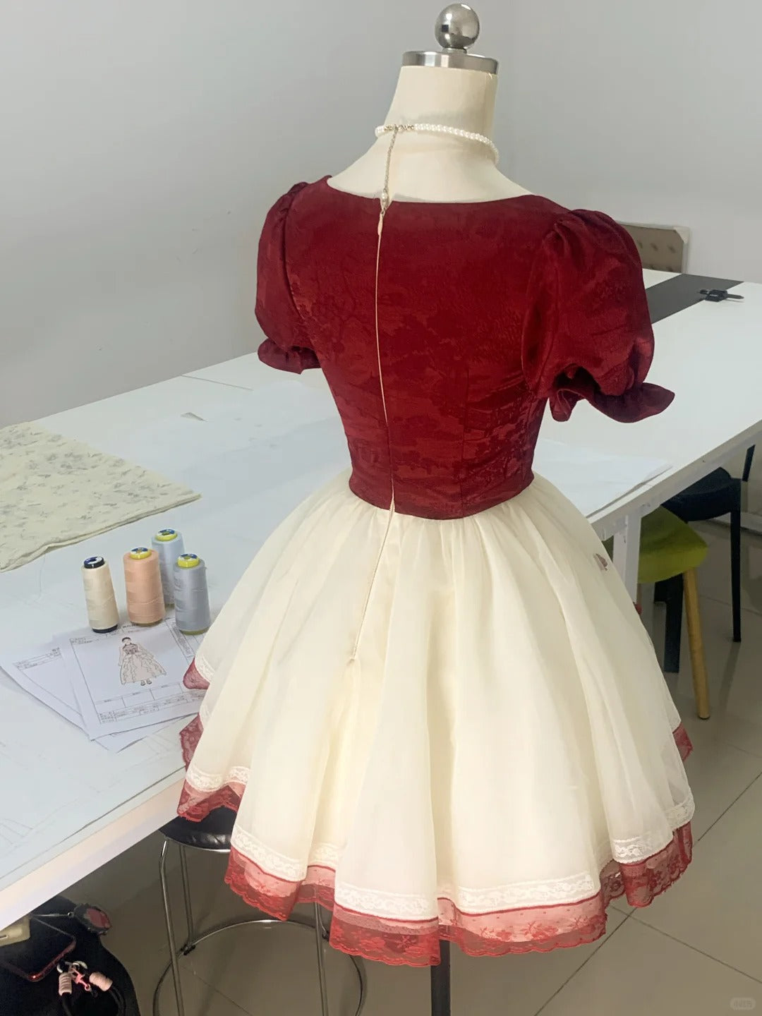 Rose Manor Burgundy and White Contrast Lace Trim Mesh Homecoming Dress P3178