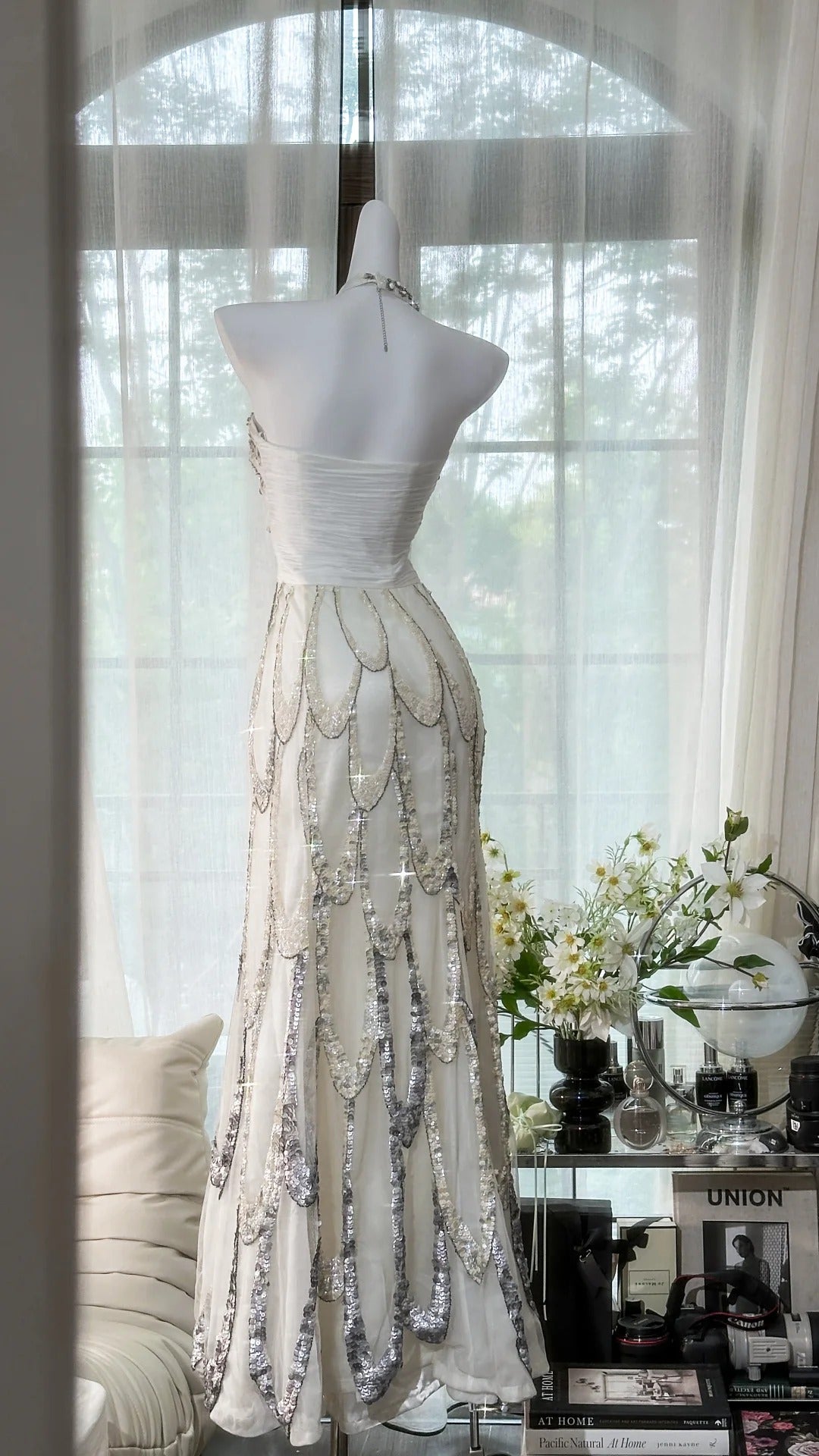Vintage White Halter Off-The-Shoulder Beaded Prom Dress P3253