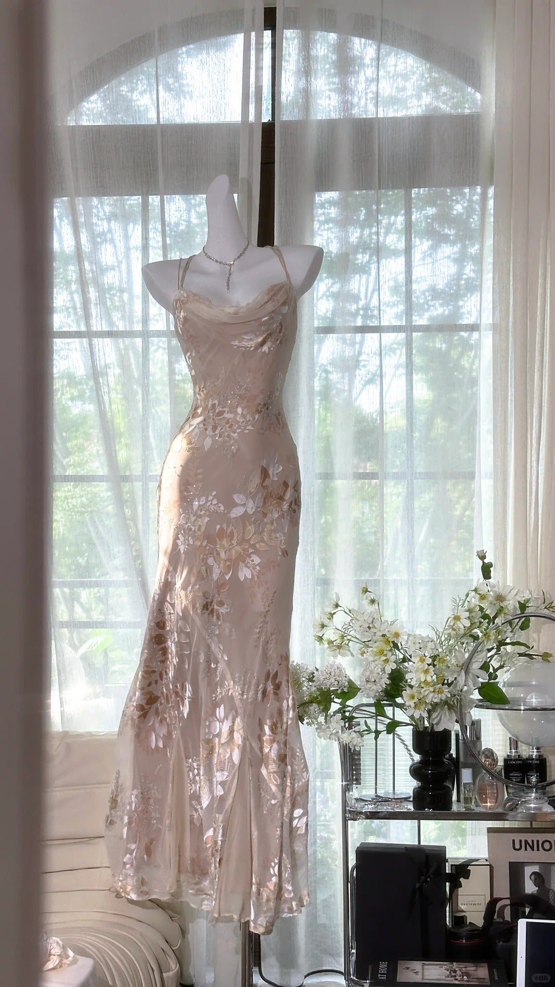 Elegant Light Pink Chiffon Printed Mermaid Evening Gown Prom Dress P3261
