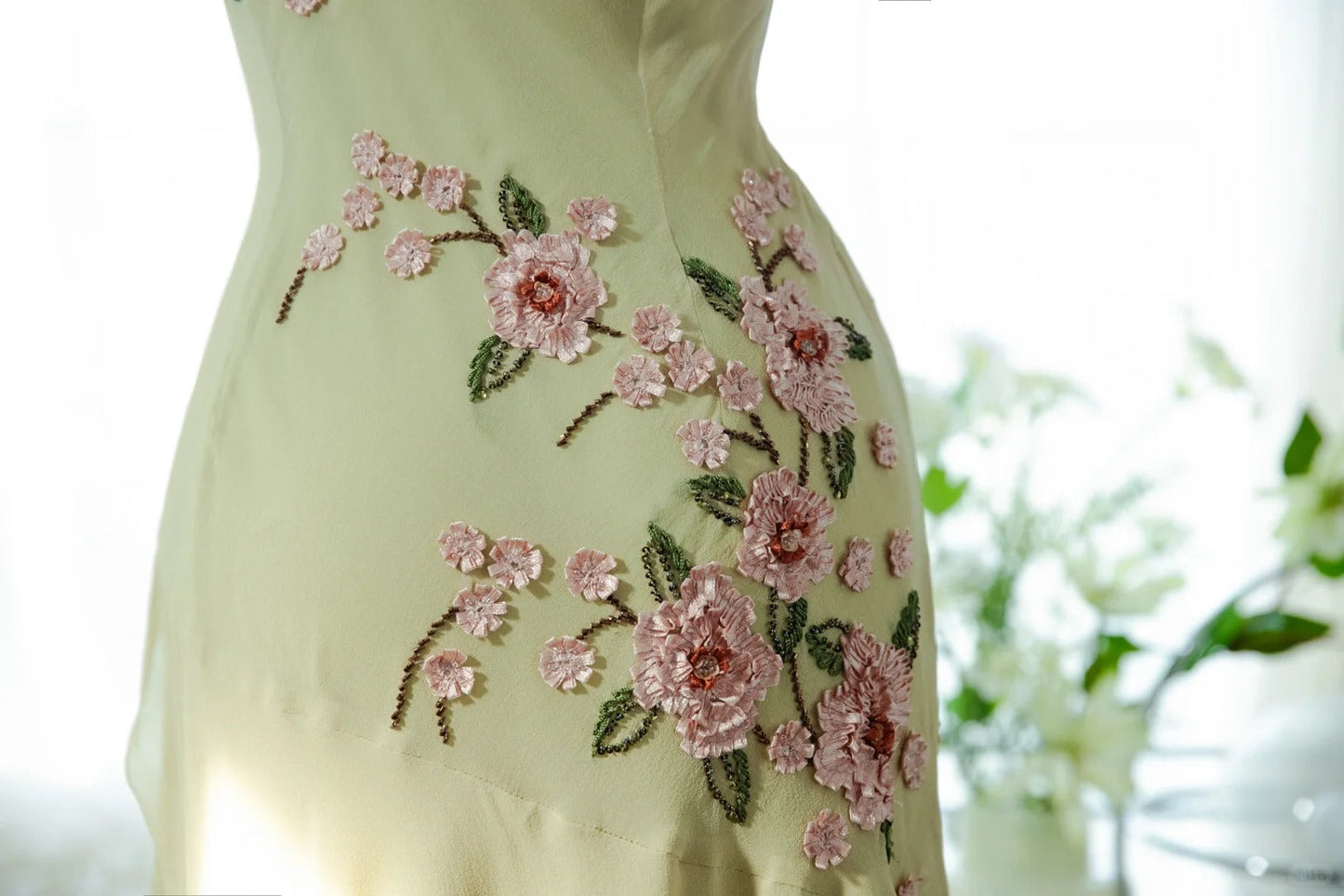 Fresh Green Floral Beaded Knotted Chiffon Prom Dress P3302