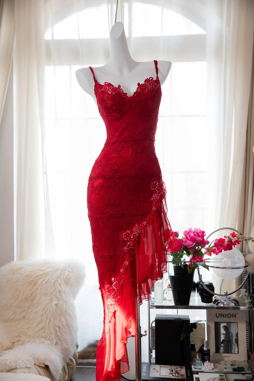 Sexy Red Lace Slanted Skirt Prom Dress P3303