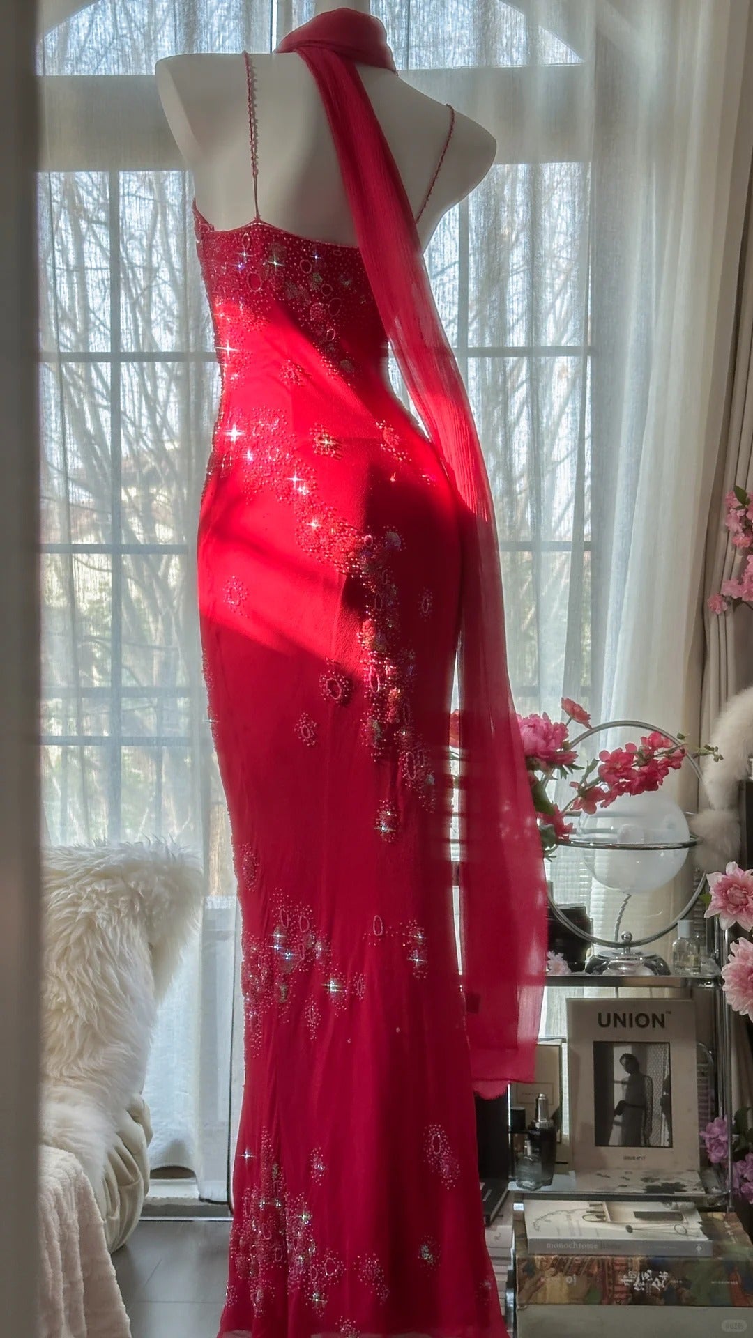 Shiny Beaded Red Mermaid Chiffon Evening Gown Prom Dress P3304