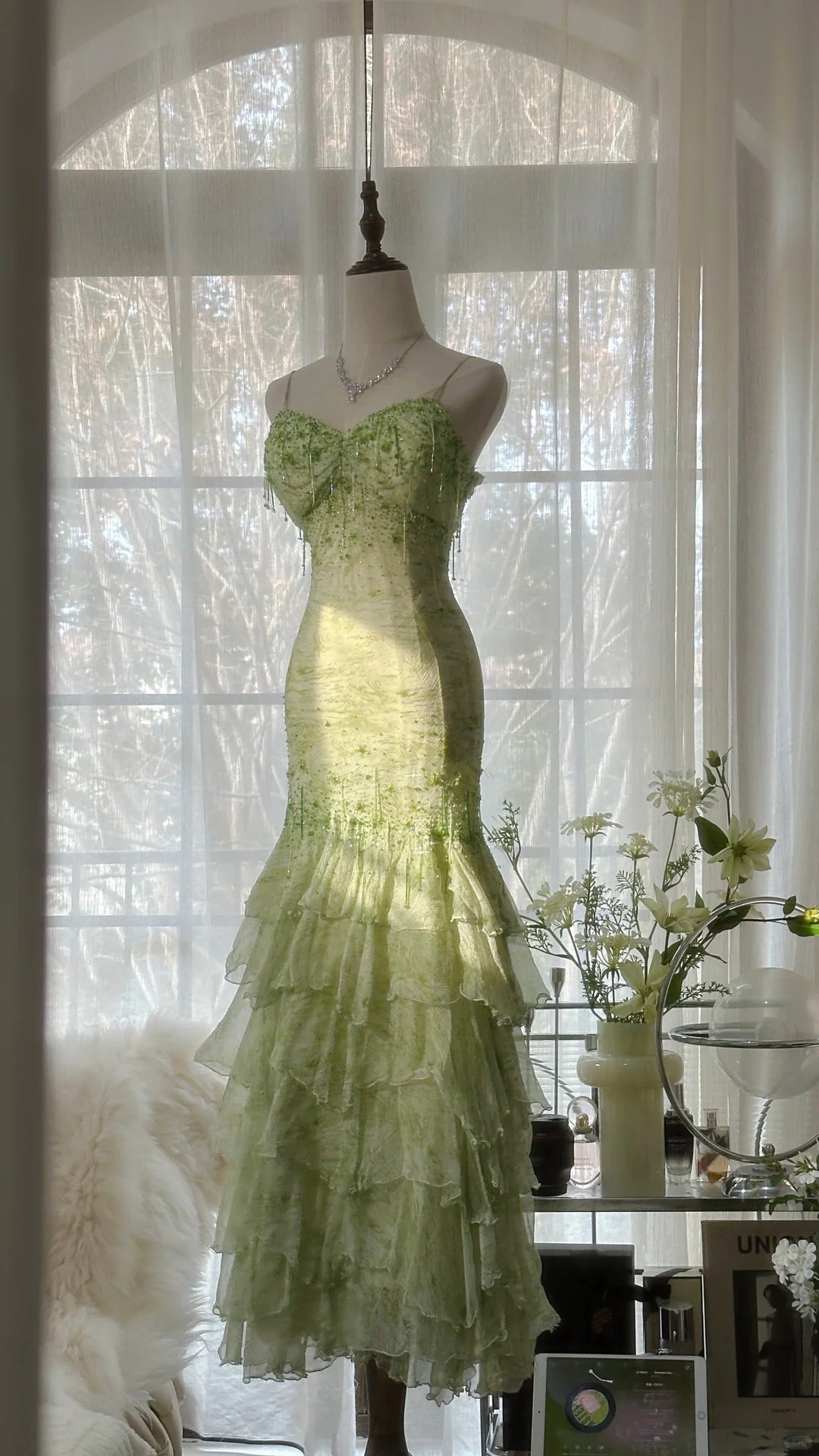 Fresh Green Beaded Mermaid Cake Skirt Prom Dress P3320
