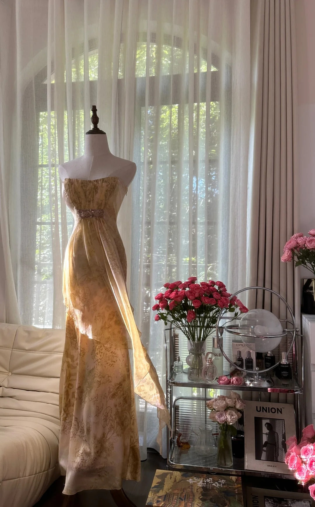 Vintage Gorgeous Gold Strapless Printed Mermaid Long Prom Dress P3321