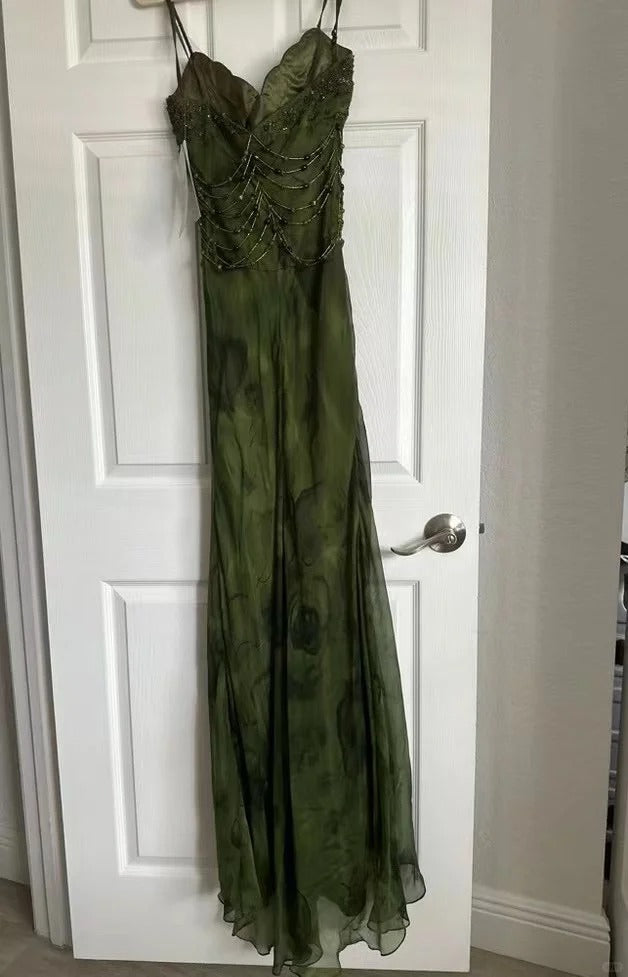 Vintage Dark Green Beaded Strap Chiffon Mermaid Slit Prom Dress P3381
