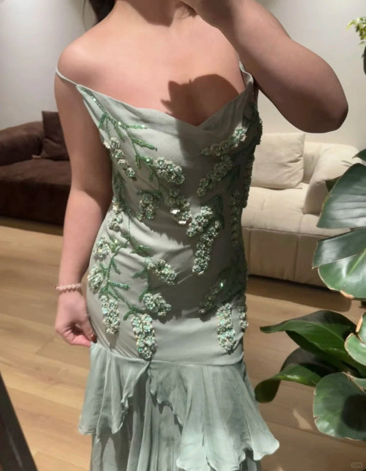 Fresh Green Beaded Sequined Chiffon Irregular Fishtail Prom Dress P3387