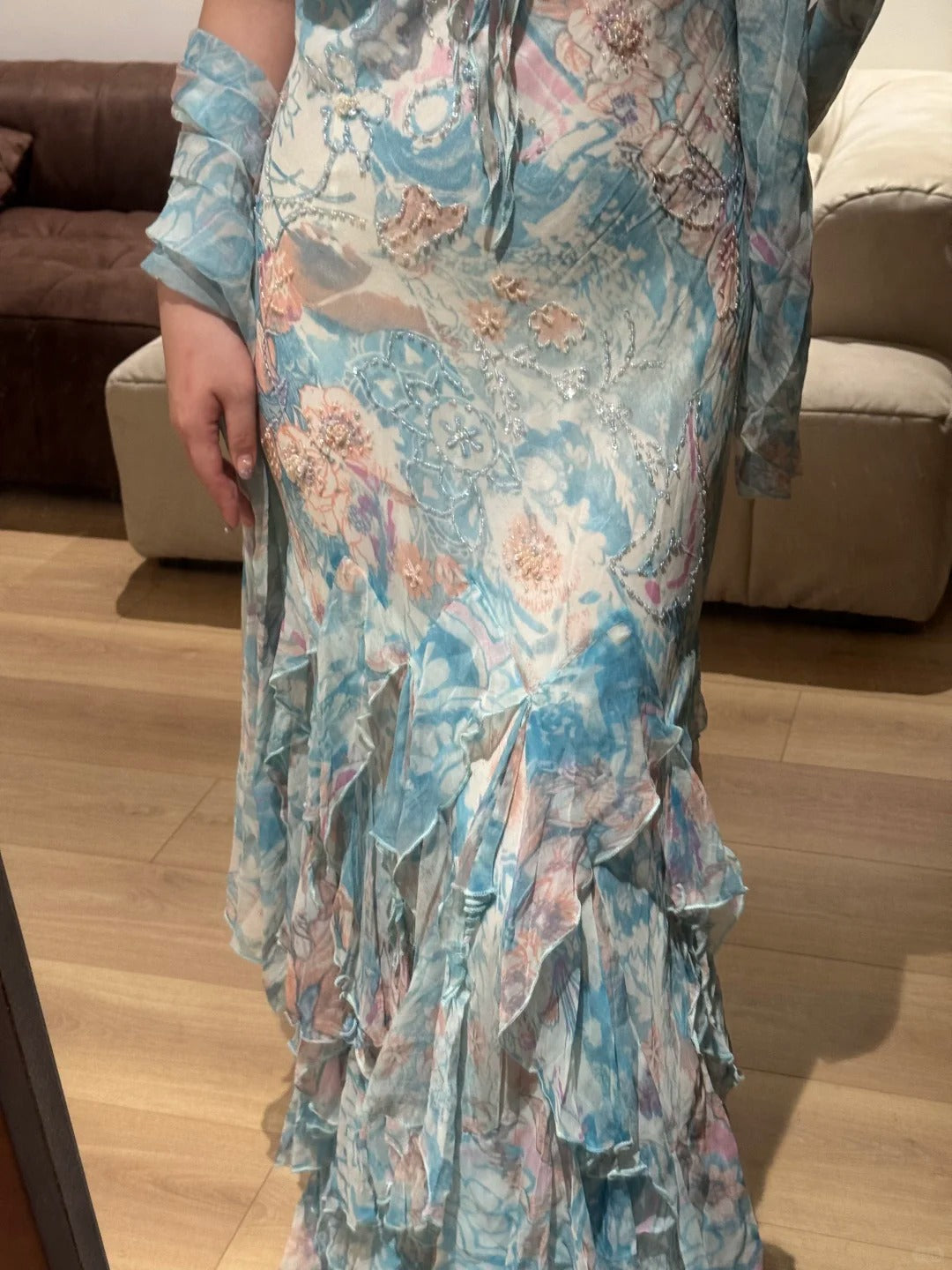 Stunning Blue Oil Painting Chiffon Ruffled Long Prom Dress P3388