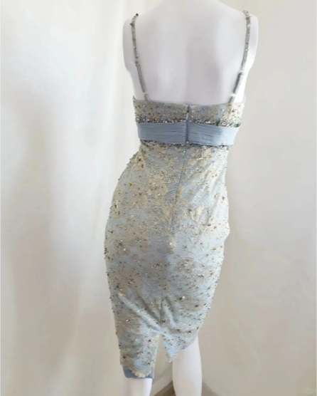 Stunning Blue Heavy Beaded V-neck Lace Bodycon Short Prom Dress P3391