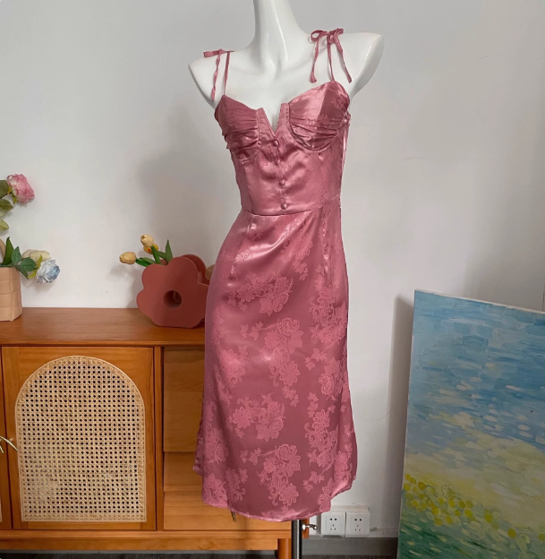 Cute Pink French V-neck Strapless Satin Prom Dress P3399