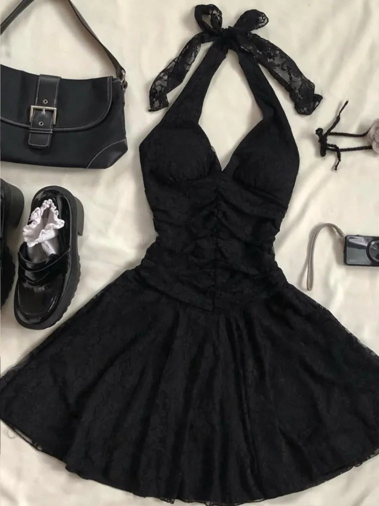 Cute Black Halter Neck Lace Mini Homecoming Dress P3403