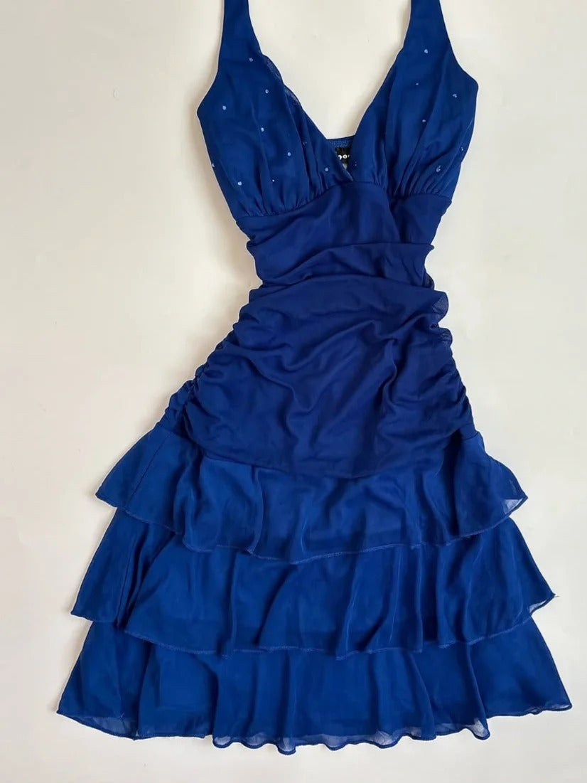 Elegant Royal Blue Halter Neck Chiffon Mini Homecoming Dress P3406