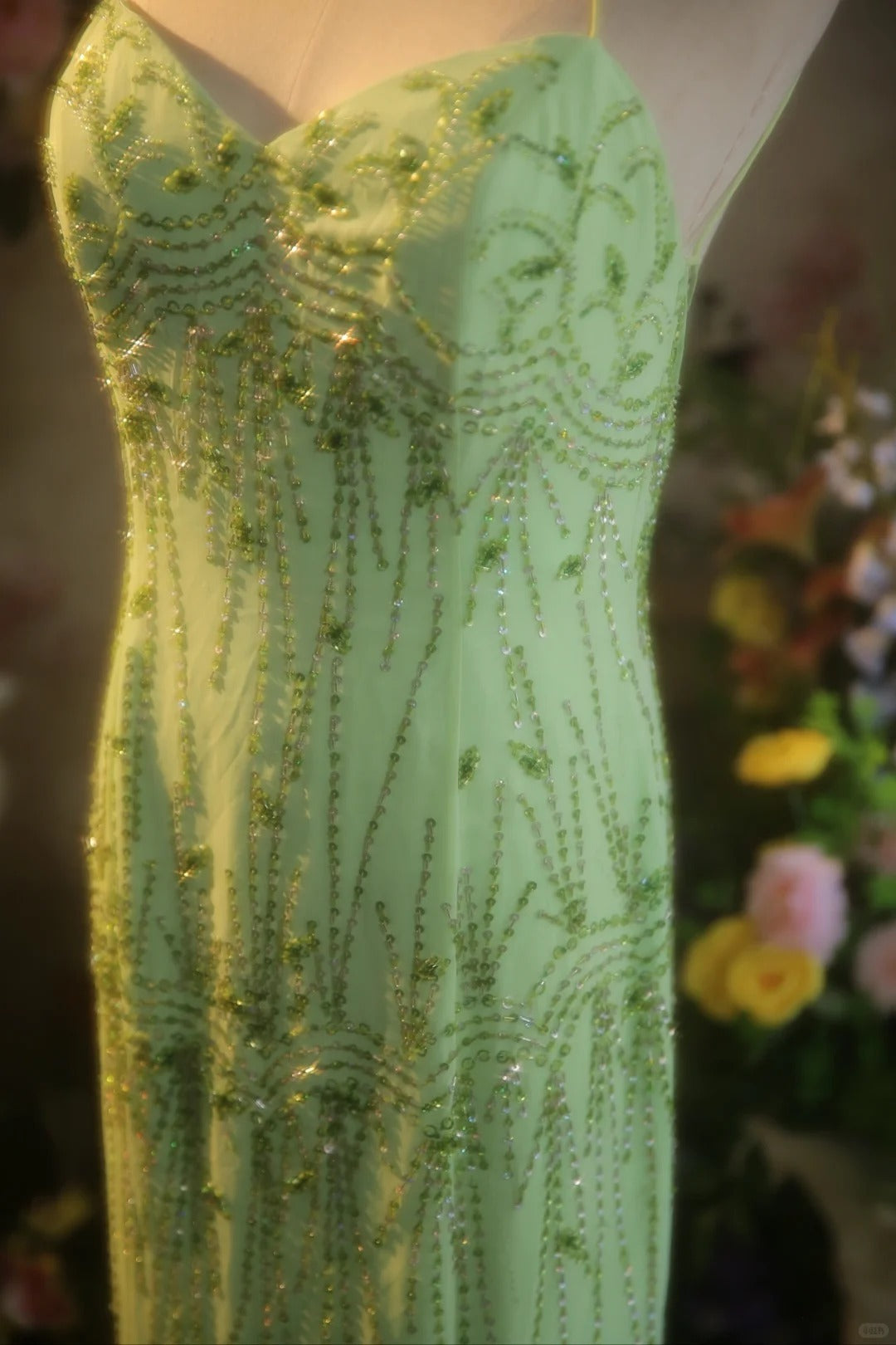 Fresh Green Chiffon Beaded Backless Mermaid Long Prom Dress P3431