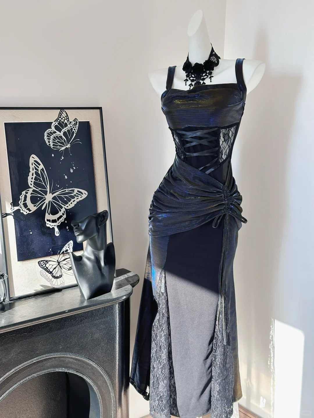 Stunning Black Mermaid Strap Lace Drawstring Prom Dress P3434