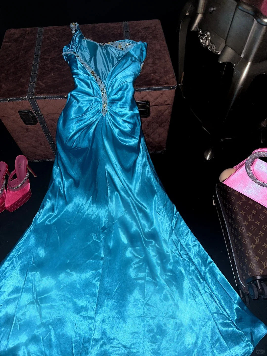 Elegant Blue Satin One Shoulder Beaded Slit Long Prom Dress P3447