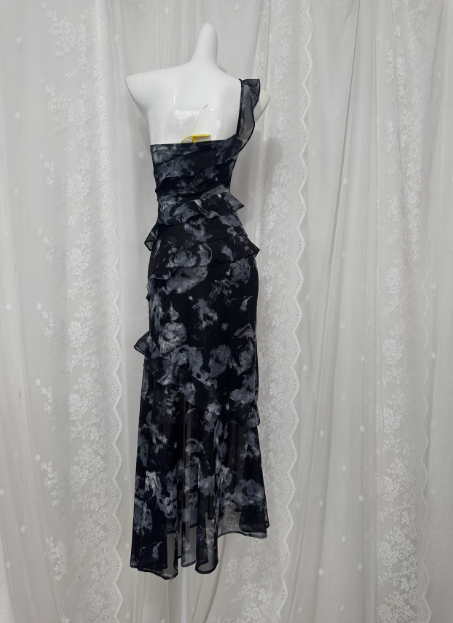 Soft Printed Lace One Shoulder Ruffle Slit Prom Dress P3462