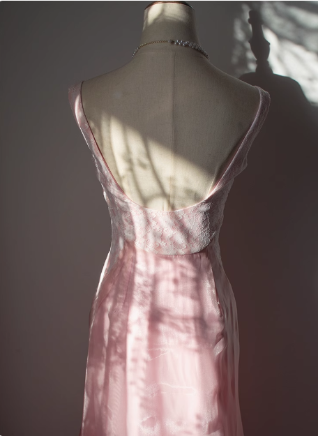 Vintage Pink Beaded Backless Lace Long Prom Dress P3473