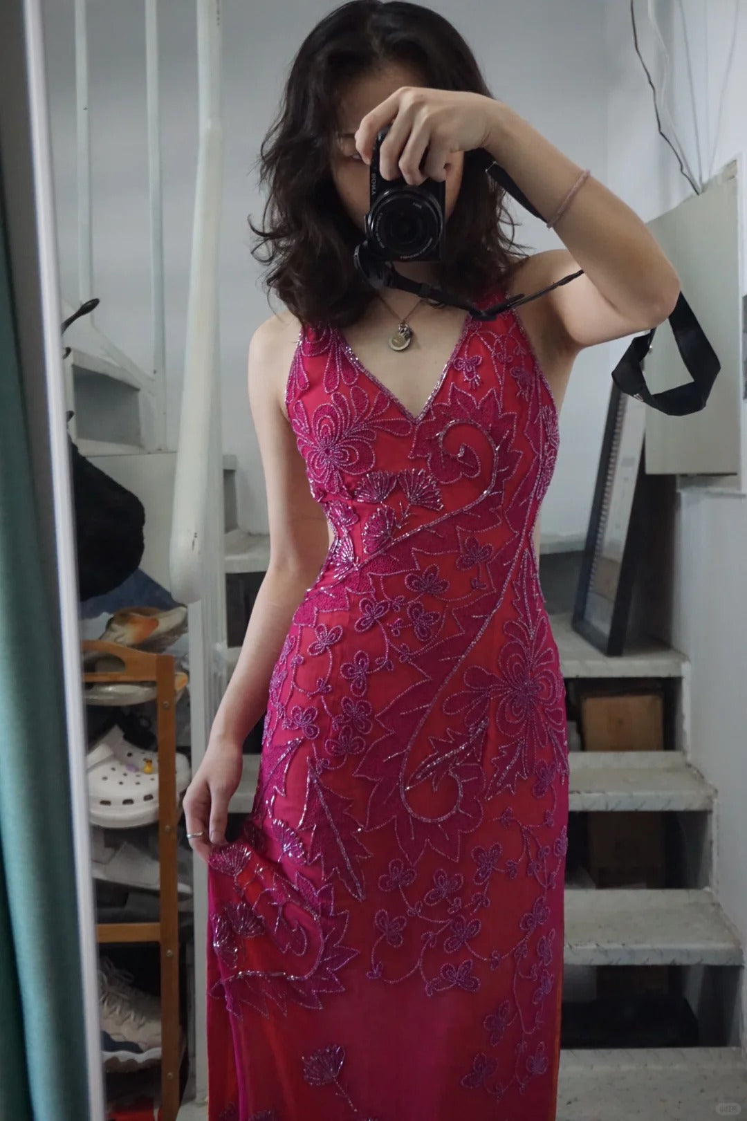 Beautiful Pink Backless Halter Neck High Slit V-neck Prom Dress P3494