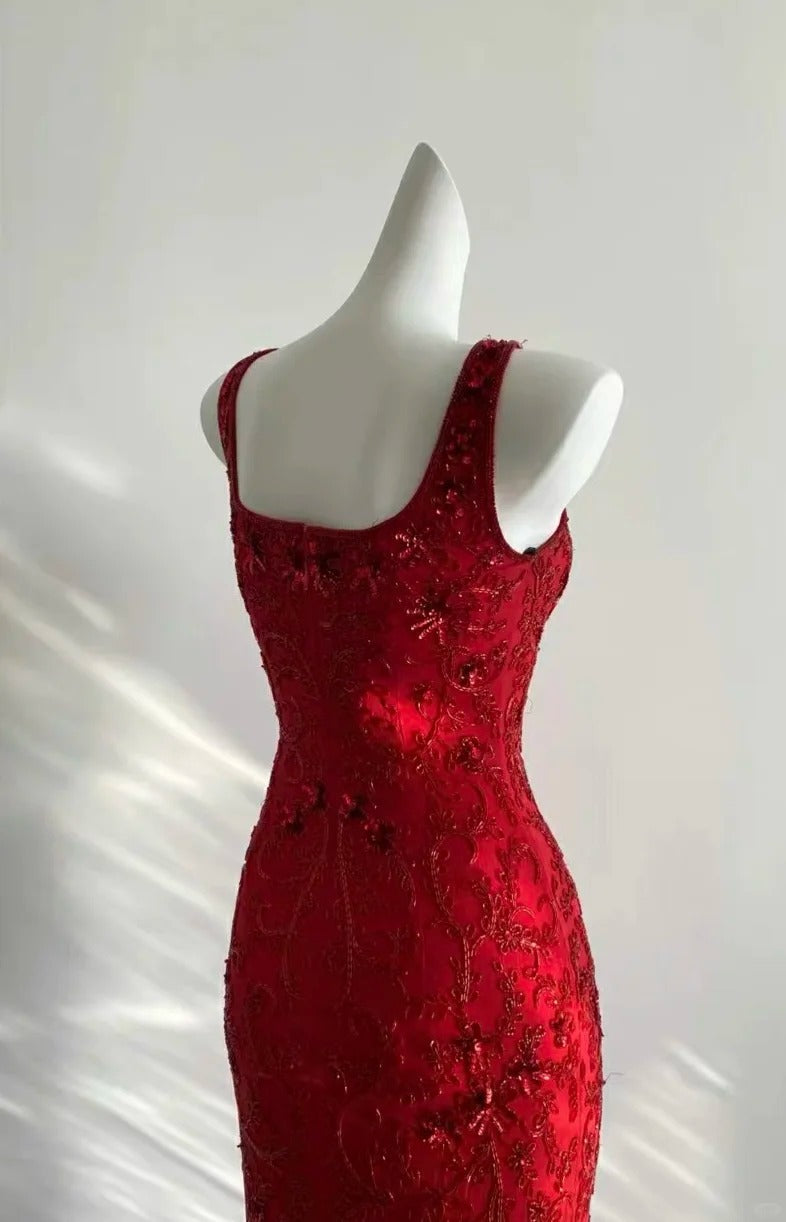 Stunning Red Square Neck Sleeveless Beaded Mermaid Prom Dress P3503