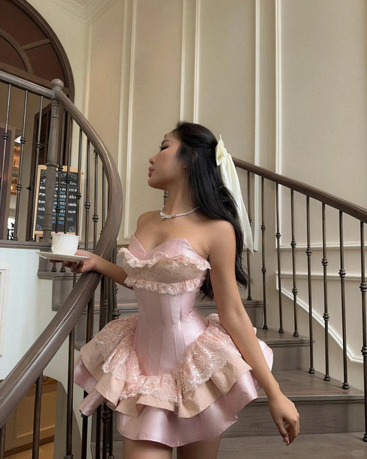 Princess Pink Strapless Sweetheart Neck Satin A-Line 17th Birthday Homecoming Dress P3517