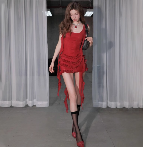 Sexy Glittering Ruffled Ribbon Sling Fungus Pleated Hip Wrap 17th Birthday Homecoming Dress P3548