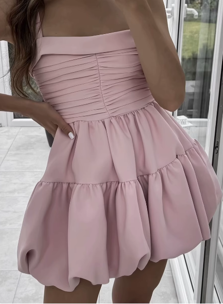 Cute Sweet Pink Pleated Sling Puffy Bud 17th Birthday Homecoming Dress P3550