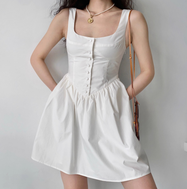 Retro Palace Style White Bud Buttoned Square Collar Sleeveless A-line Homecoming Dress P3554