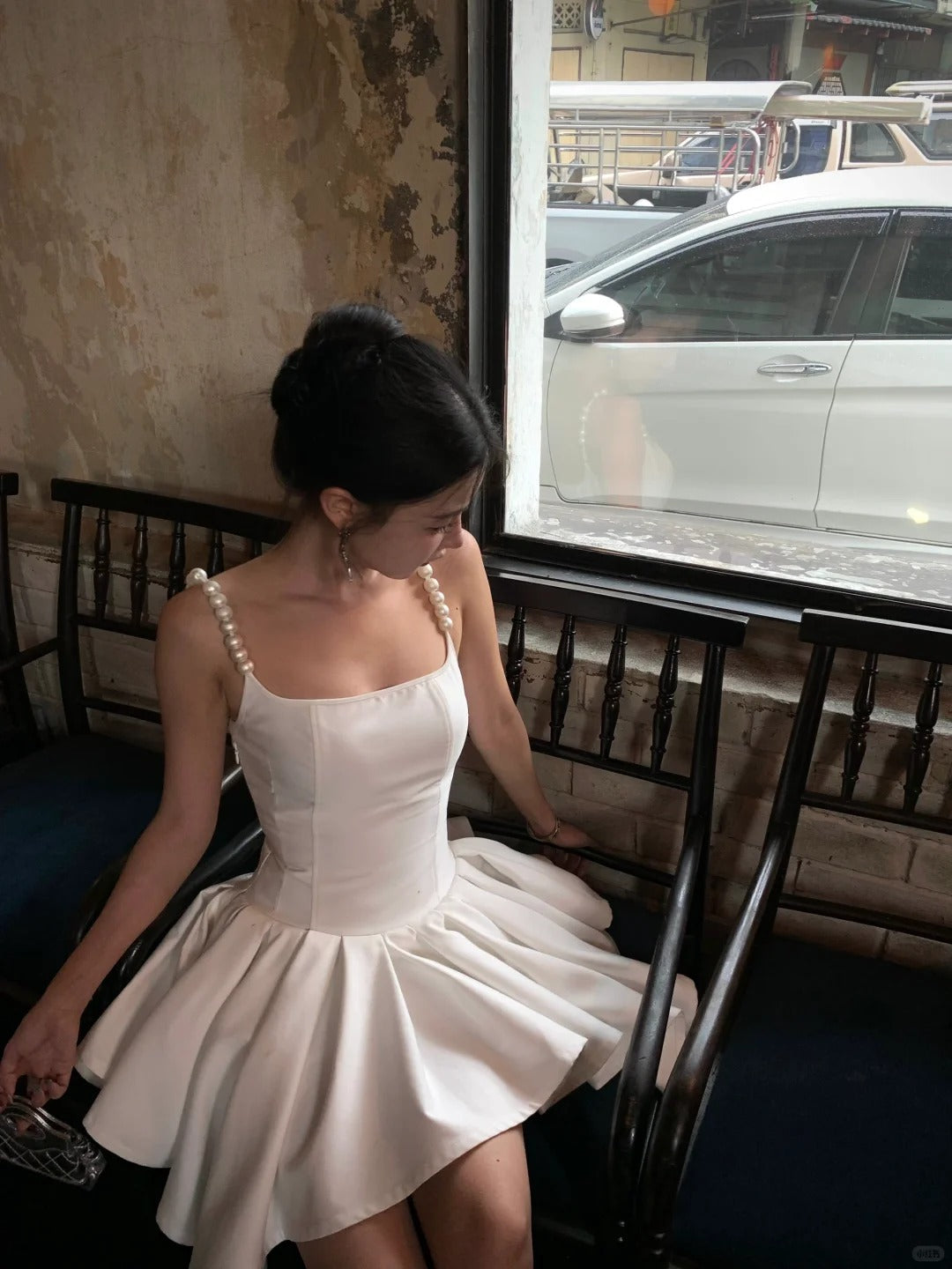 Cute Pearl Strap Square Neck Irregular Skirt 17th Birthday Homecoming Dress P3561