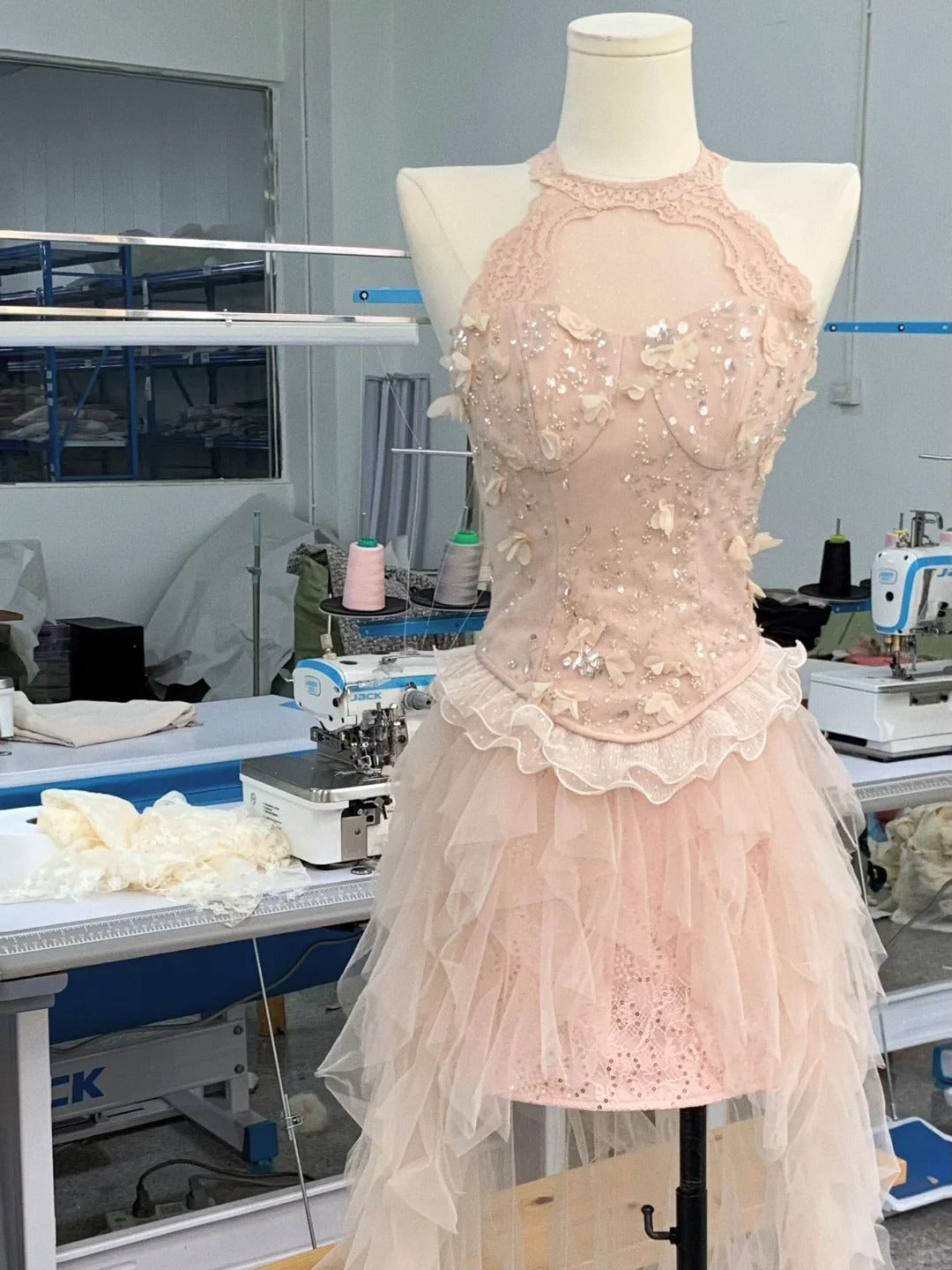 Cute Pink Off-the-shoulder Beaded Lace Tulle Princess 17th Birthday Homecoming Dress P3574