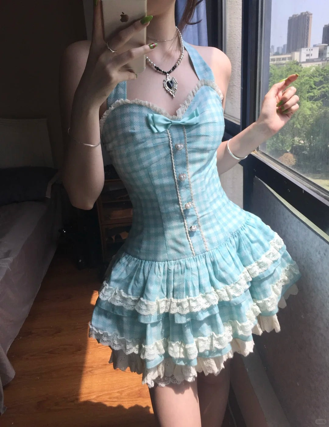 Sweet Halter Neck Blue Plaid Lace Trim Mini Homecoming Dress P3580