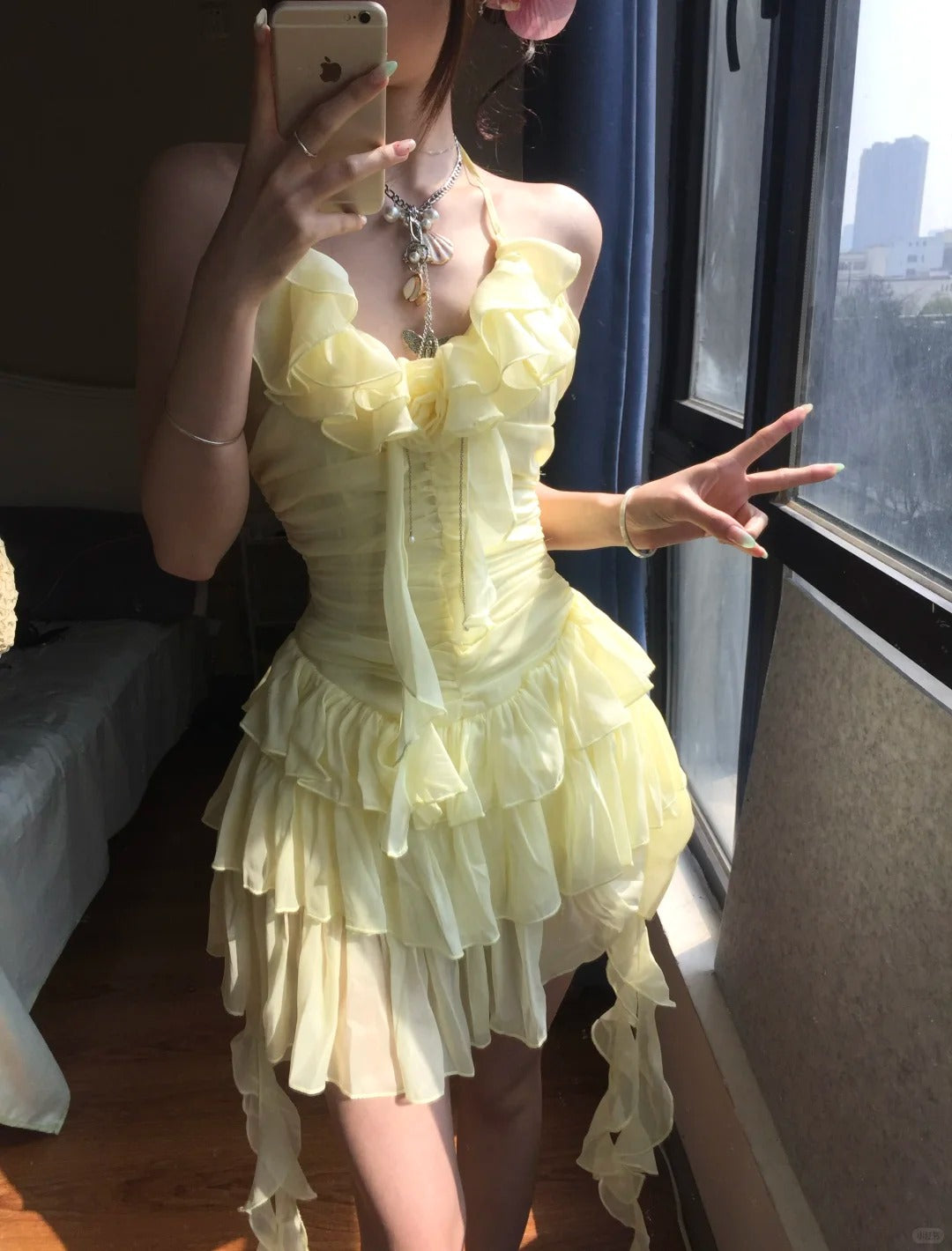 Flowy Yellow Chiffon Ruffle Mini 17th Birthday Homecoming Dress P3584