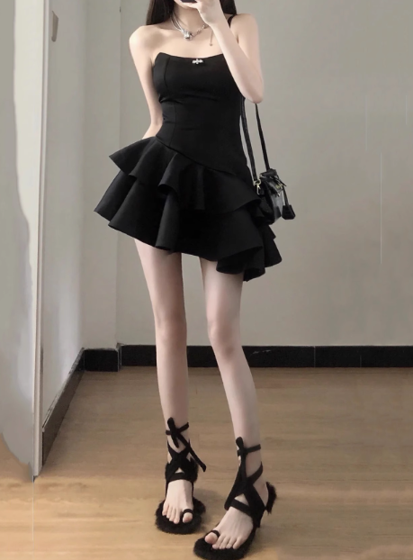 Elegant Black Satin Tube Top Irregular Birthday Tutu Homecoming Dress P3615