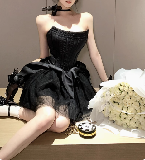 Sweet White Herringbone Tube Top Puff Birthday Dress Homecoming Dress P3624