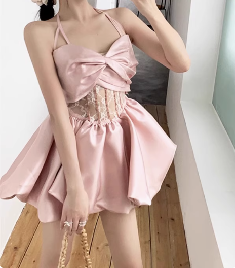 Sweet Pink Bow Strap Satin A-line 17th Birthday Homecoming Dress P3652