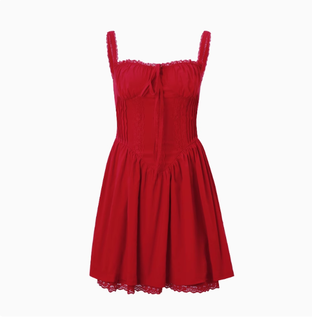 French Ballet Style Tie Waist Suspenders Red Mini Birthday Dress Homecoming Dress P3685