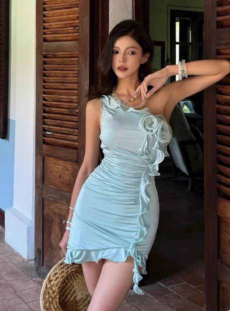 Irregular Ruffled Three-dimensional Rose Oblique Shoulder Hip 17th Birthday Homecoming Dress P3735