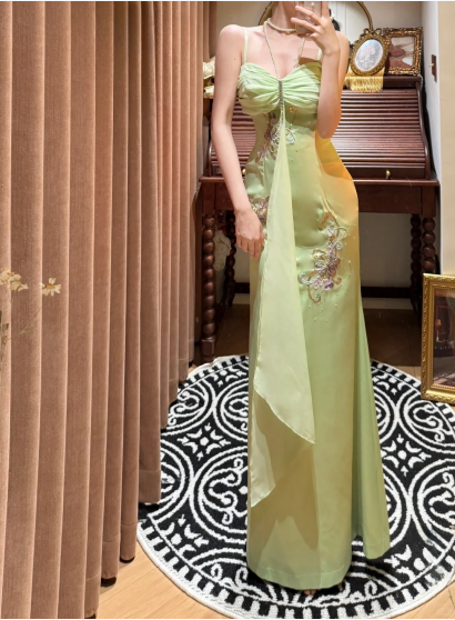 Fresh Green Strapless Satin Beaded Mermaid Prom Dress P3750