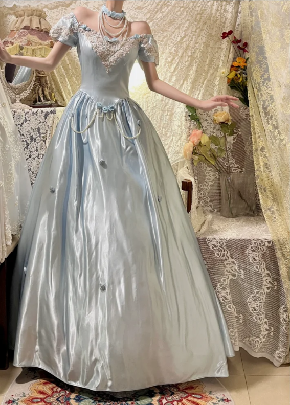 Princess Blue Satin 3D Rose Beaded A-Line Prom Dress P3755