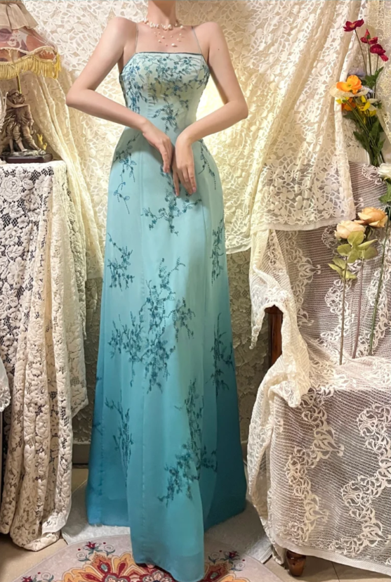 Elegant Gradient Blue Oil Painting Beaded Long Prom Dress P3767