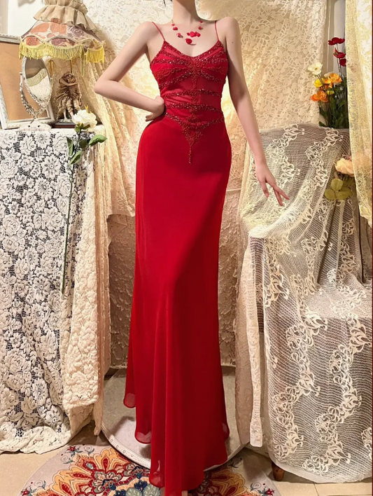 Stunning Red Strappy Beaded Chiffon Mermaid Prom Dress P3771
