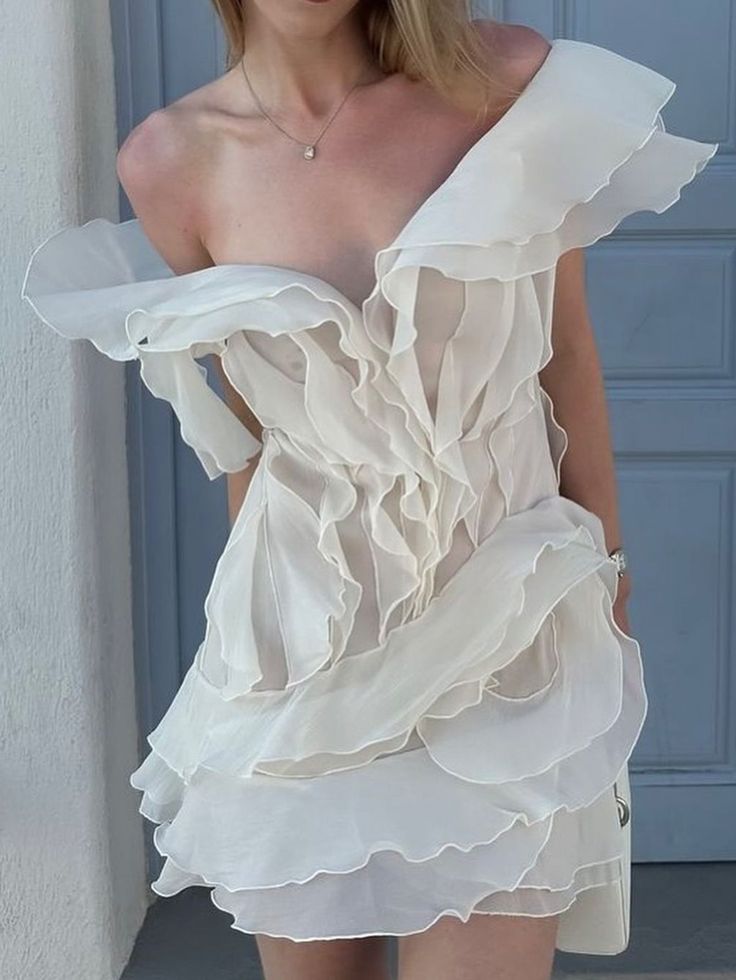 Flowy Ruffled Low-cut V-neck White Birthday Skirt Homecoming Dress P3776