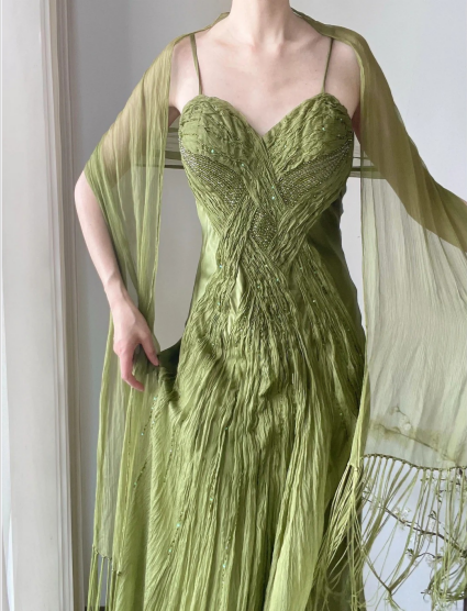 Flowy Green Strapless Pleated Satin Chiffon Long Prom Dress P3785